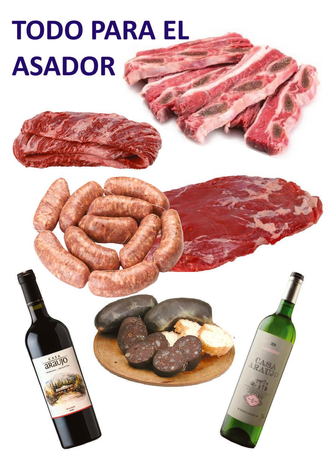 ASADO, ENTRAÑA Y VACIO "ANGUS" (Irlanda), + CHORIZO CRIOLLO Y MORCILLA "ANGUS" (Irlanda) + VINO MALBEC Y CHRDONNAY (trasporto gratis)