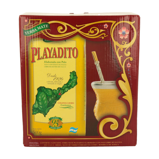 PLAYADITO - Yerba Mate 500 gr con Mate in Vetro Rivestito in Cuoio e Bombilla in Alpaca