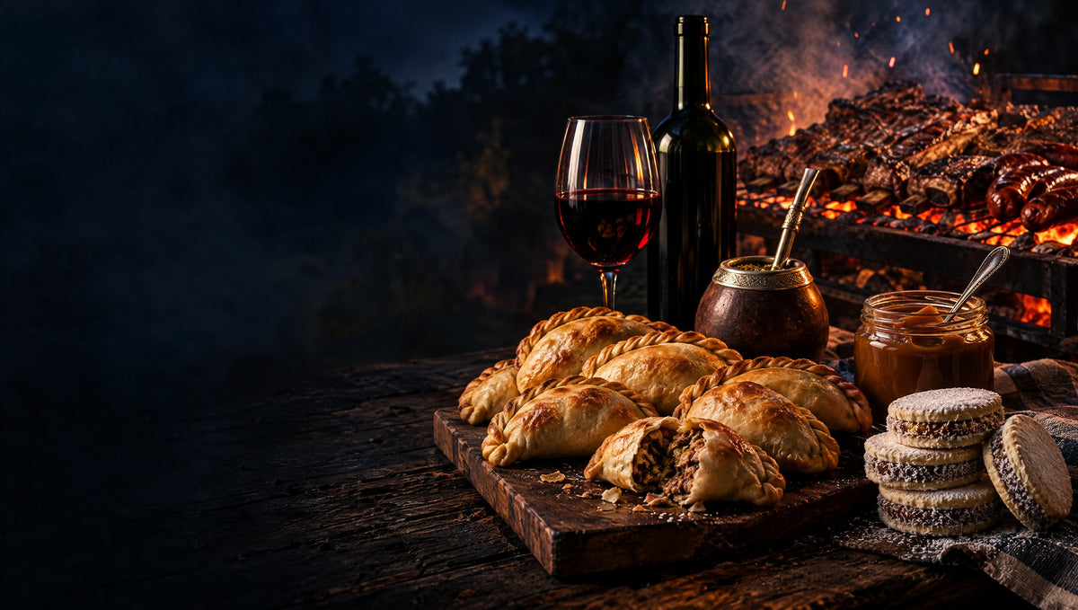 Tavola argentina con empanadas, mate, dulce de leche e asado sulla brace
