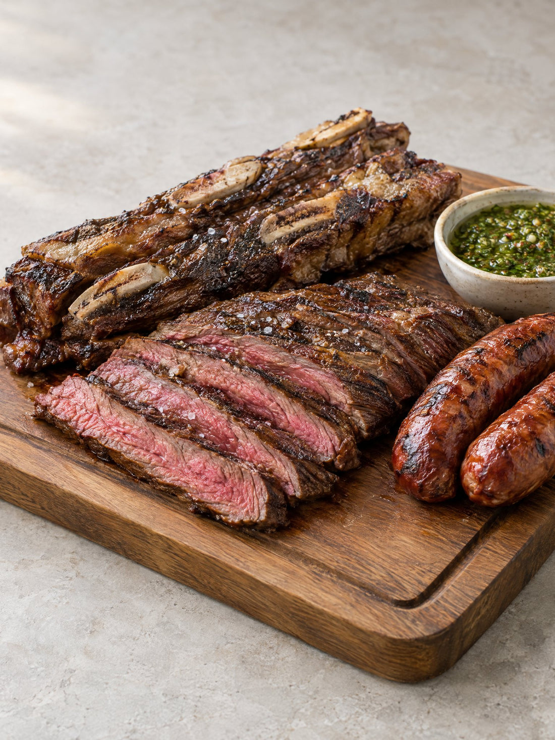 Asado di tira, vacío e chorizo con chimichurri